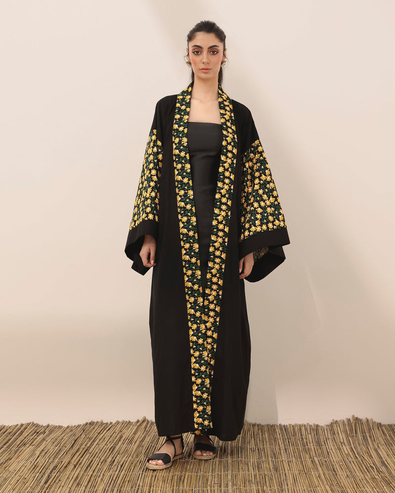 Kimono style linen abaya with daisy embroidered flowers