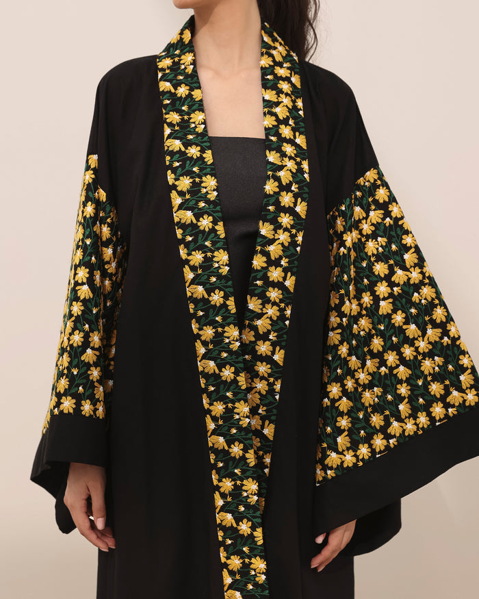 Kimono style linen abaya with daisy embroidered flowers