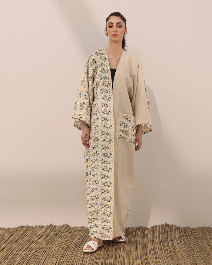 Classic T-cut abaya in linen w/ daisy embroidered flowers and pocket