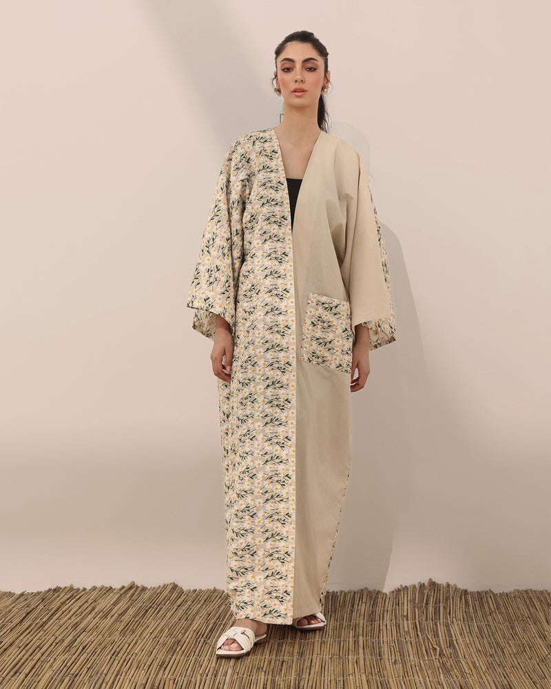 Classic T-cut abaya in linen w/ daisy embroidered flowers and pocket