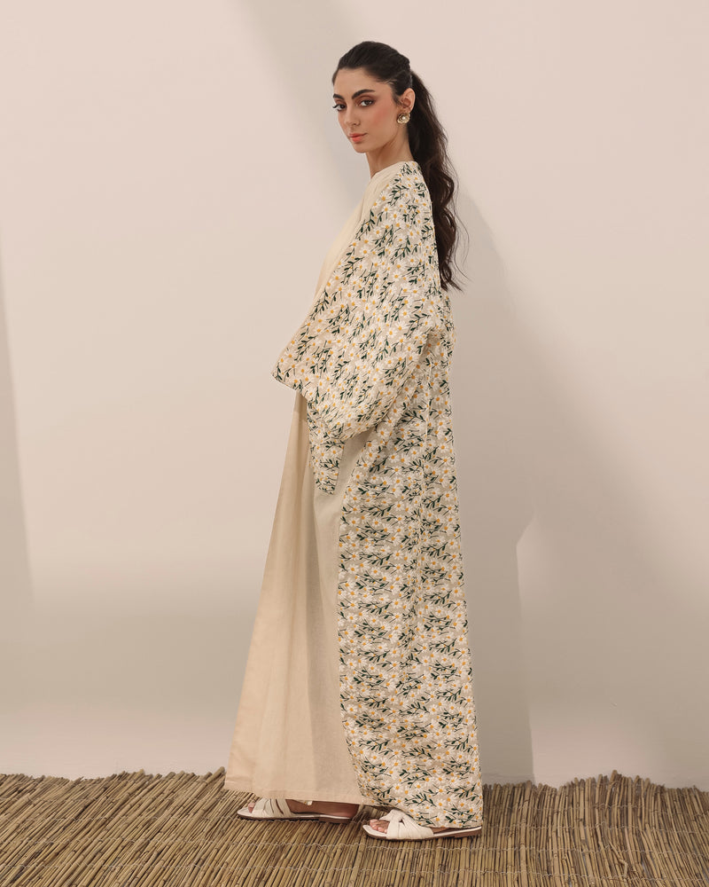 Classic T-cut abaya in linen w/ daisy embroidered flowers and pocket