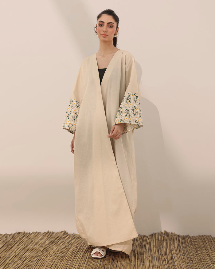 Semi mariposa linen abaya with embroidered daisy flowers cuff