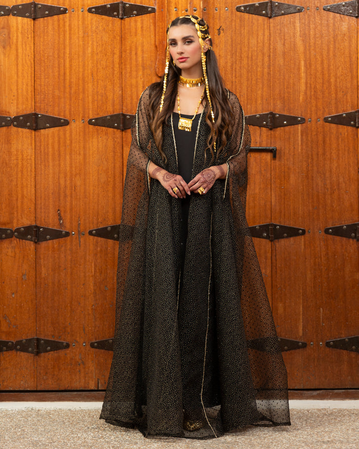 Dotted organza cape abaya with metallic trims