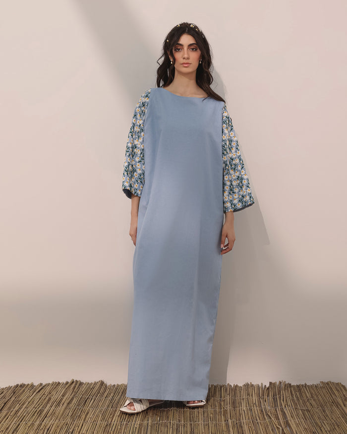 Linen kaftan w/ raglan embroidered daisy flowers on sleeves