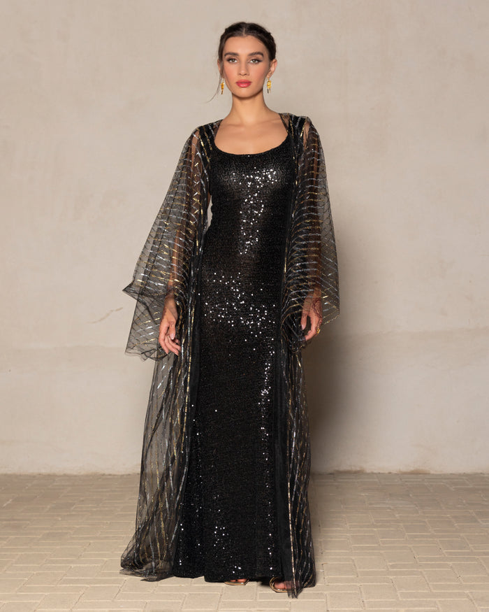 T-cut metallic stripe tulle abaya