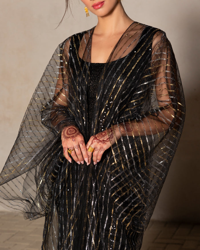 T-cut metallic stripe tulle abaya