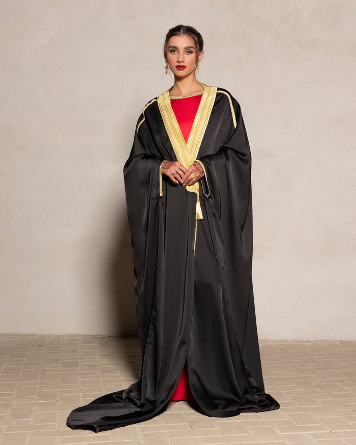 Silk satin abaya bisht style with gold trimmings & tassels