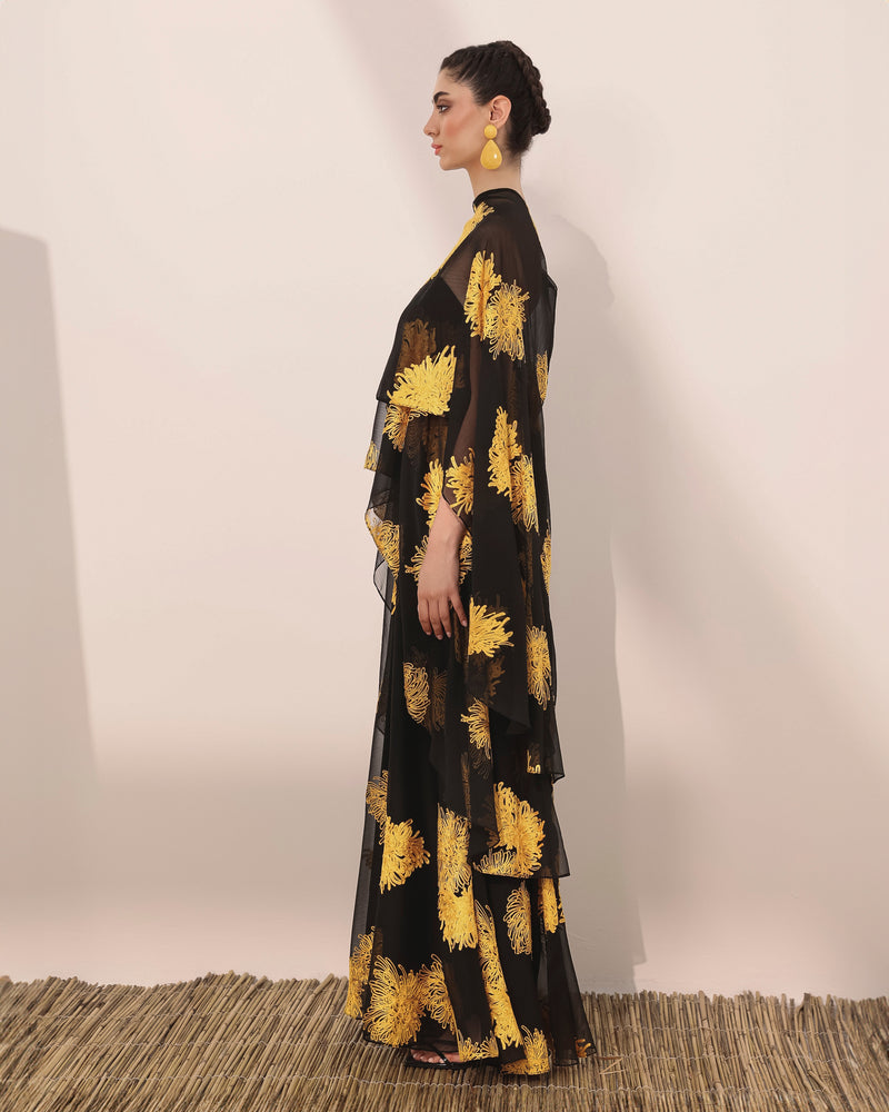 Cocktail wide legged jumpsuit w/ poncho in wrinkled chiffon and mums flower print