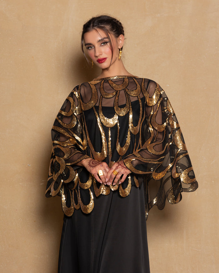 Two-piece set embroidered poncho with inner silk dress