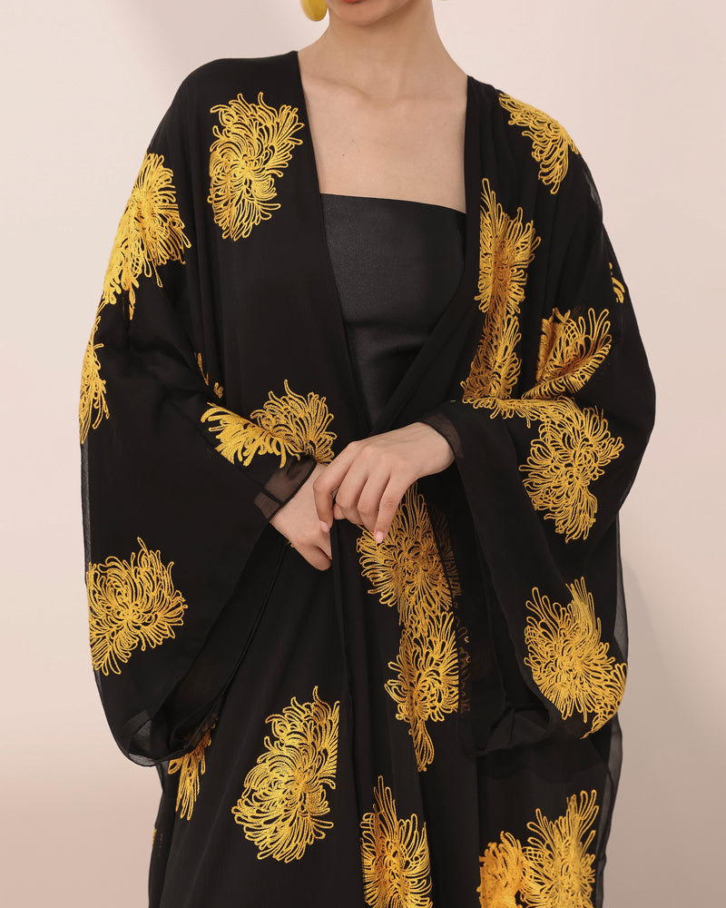 Mums flower printed wrinkled chiffon T-cut abaya with lining