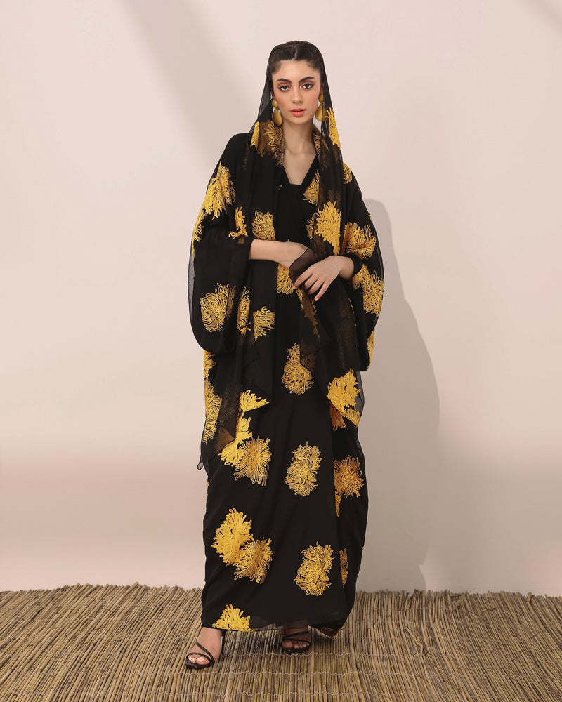 Mums flower printed wrinkled chiffon T-cut abaya with lining