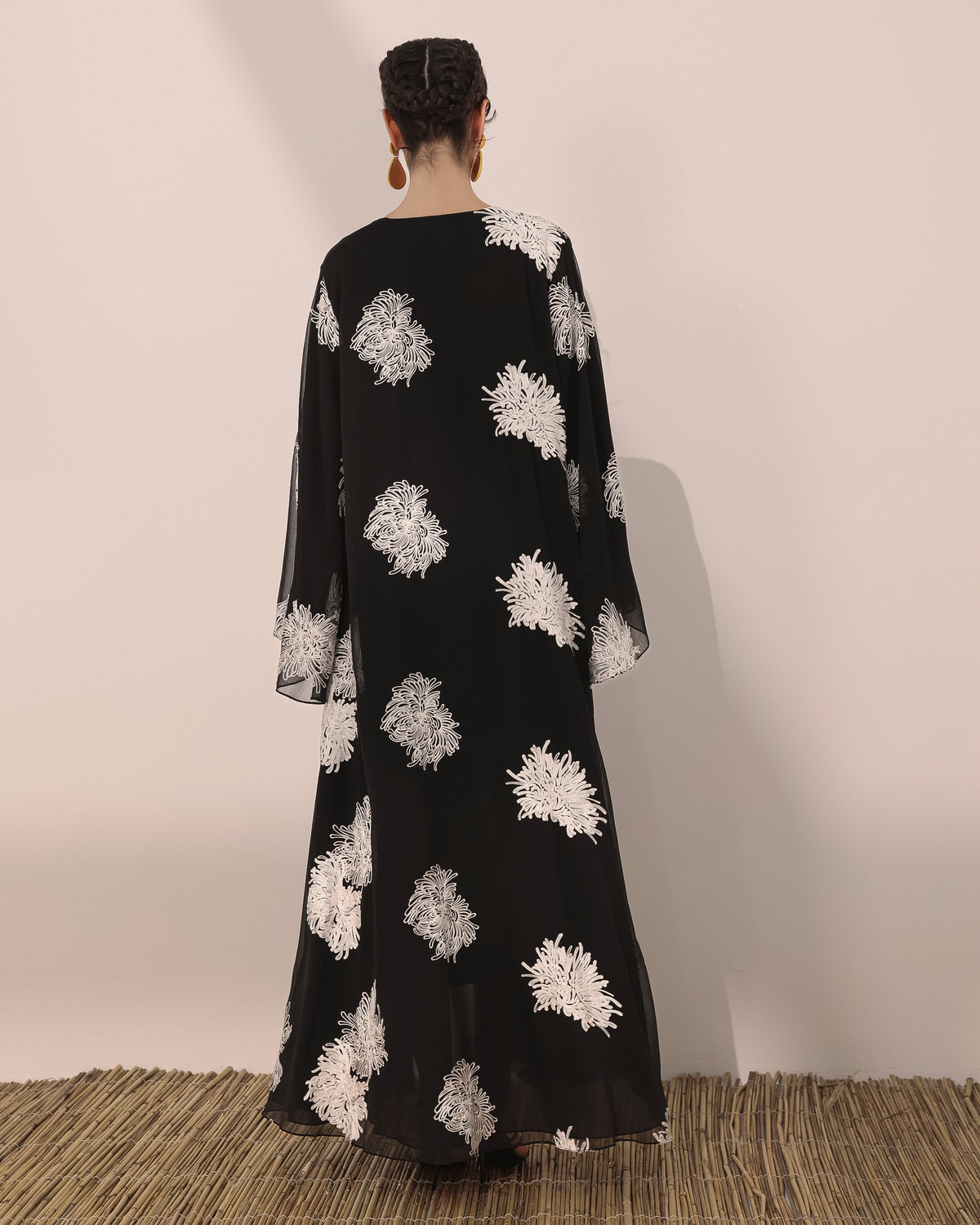 Mums flower printed wrinkled chiffon classic flowy abaya