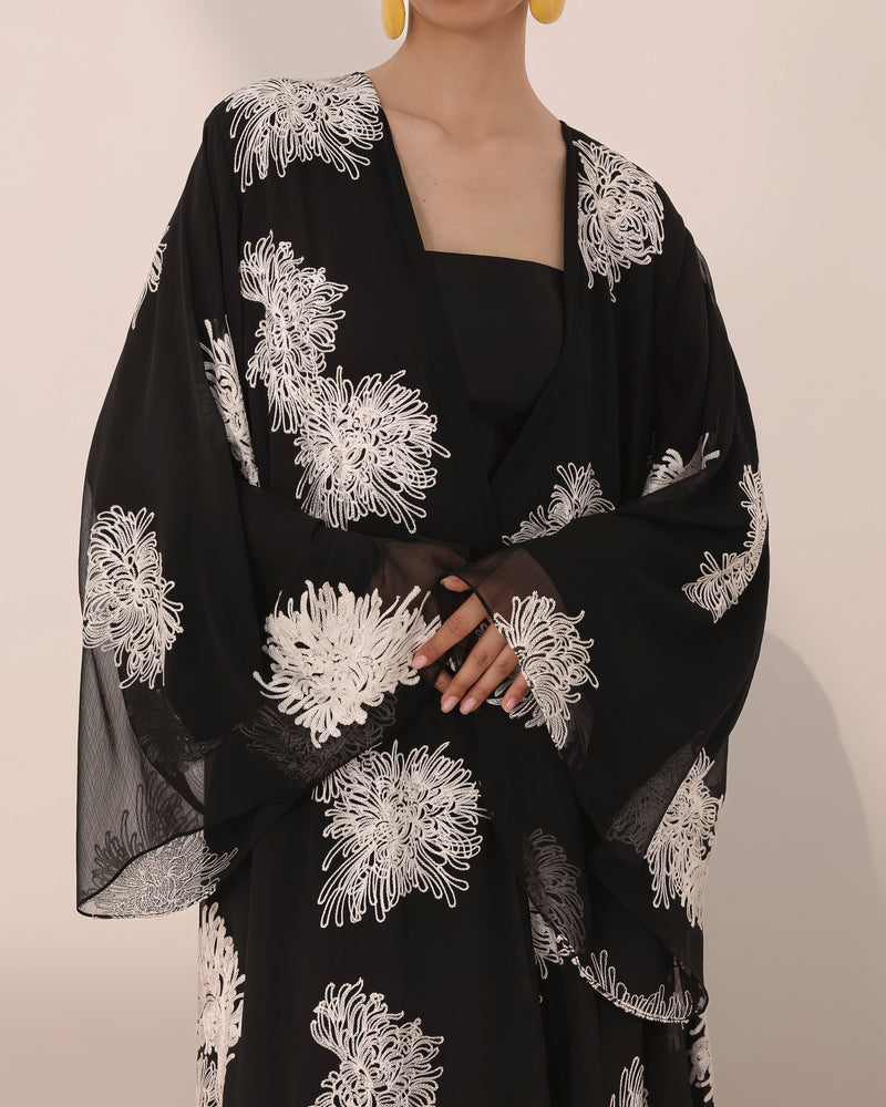 Mums flower printed wrinkled chiffon classic flowy abaya