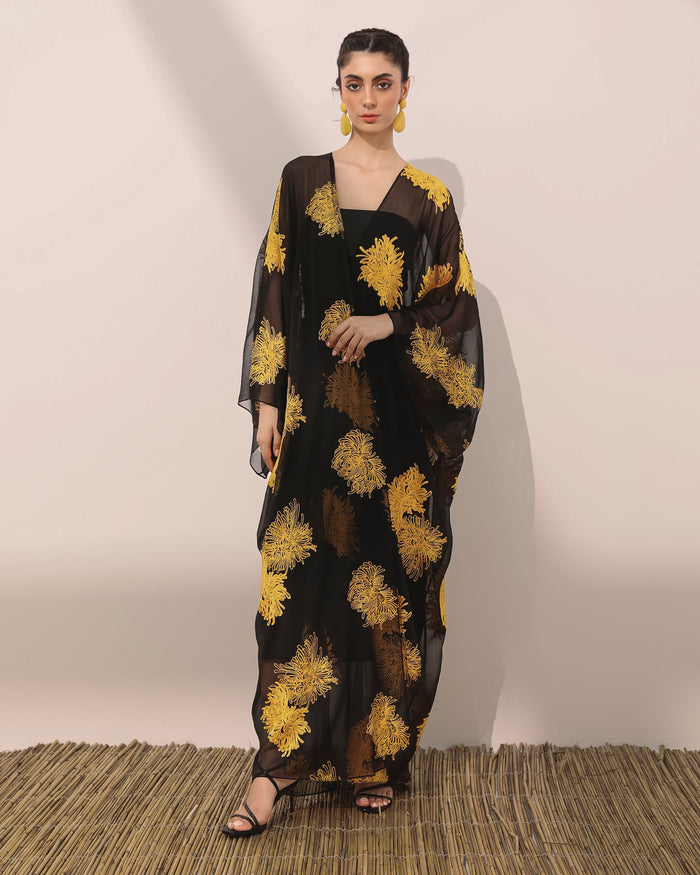 Mums flower printed wrinkled chiffon T cut abaya