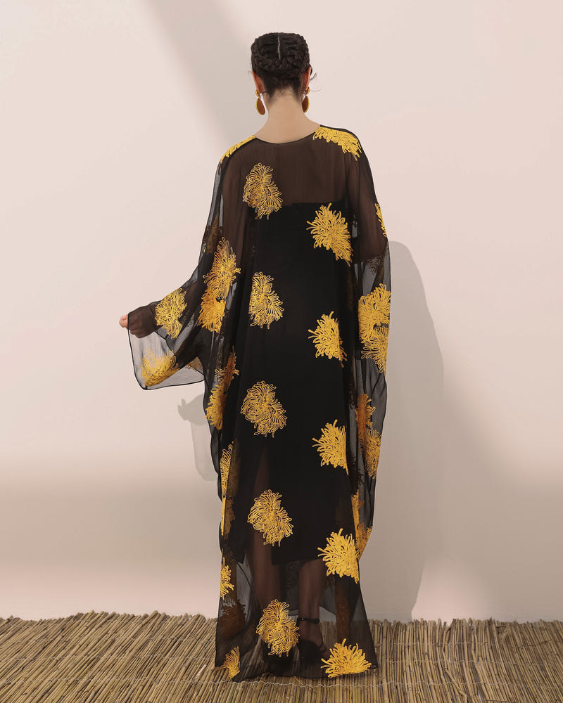 Mums flower printed wrinkled chiffon T cut abaya