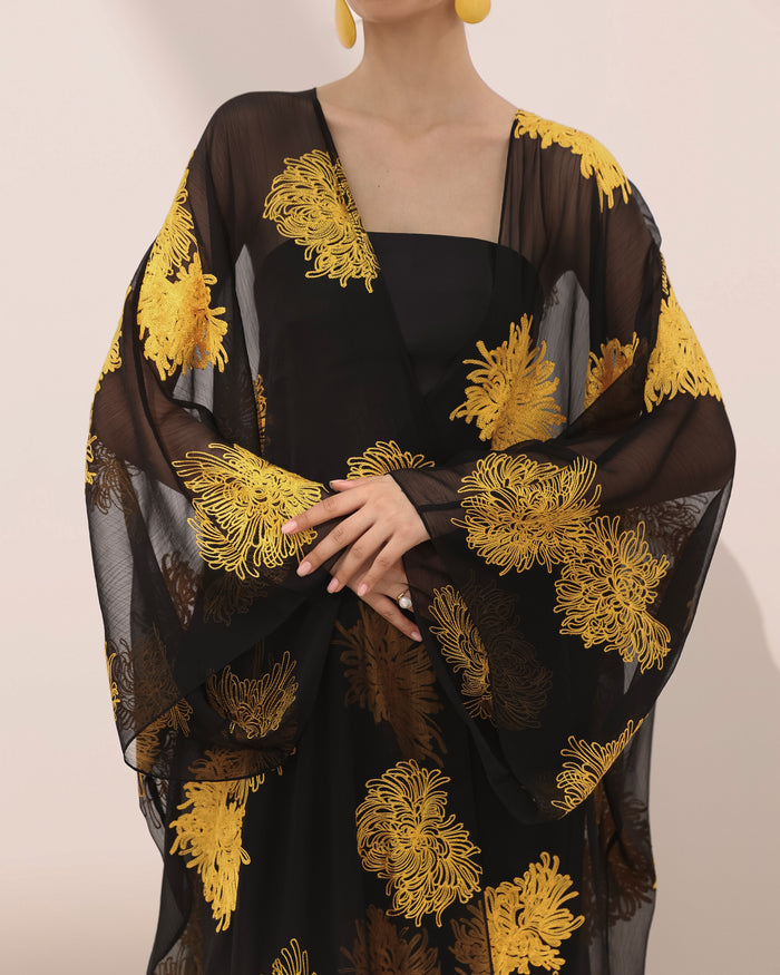 Mums flower printed wrinkled chiffon T cut abaya