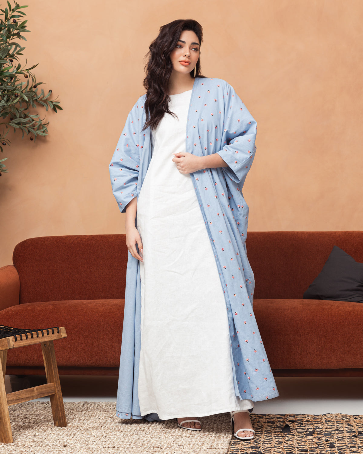 Classic white linen abaya with floral print