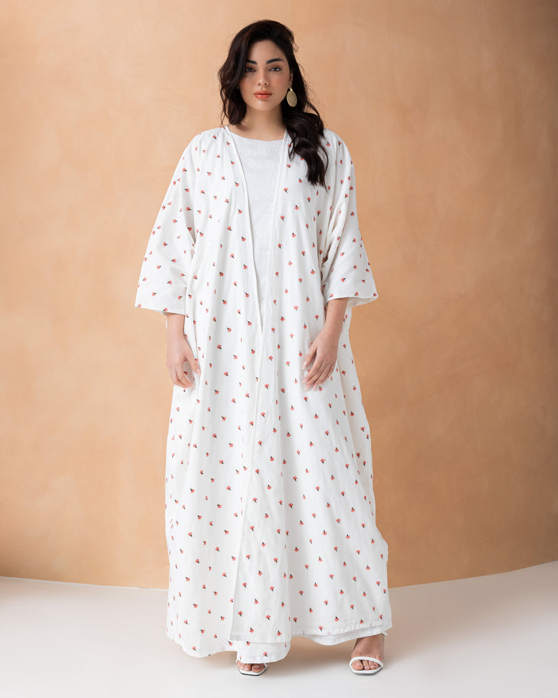 Classic white linen abaya with floral print