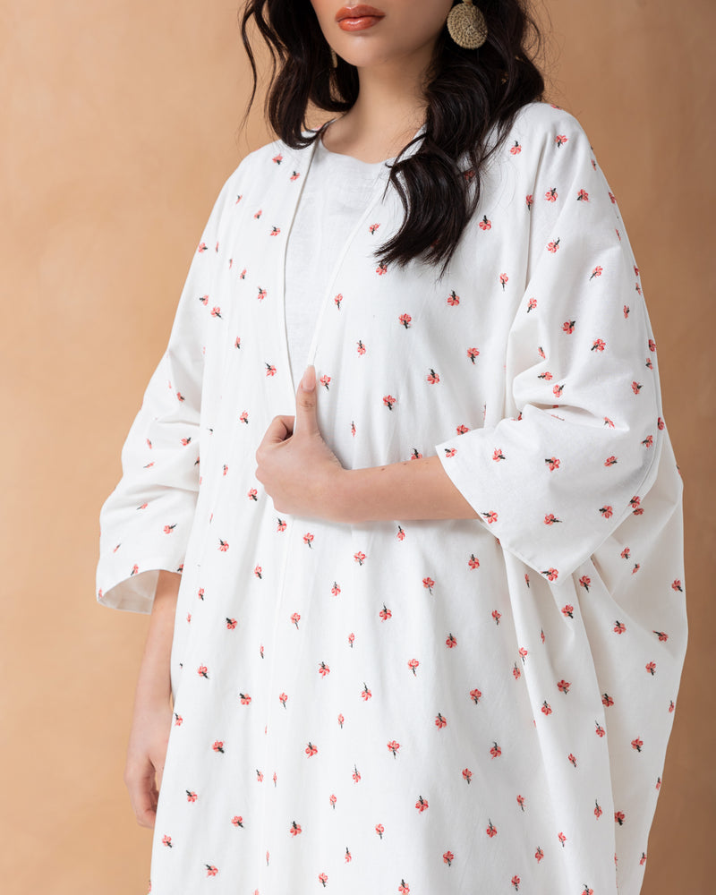 Classic white linen abaya with floral print