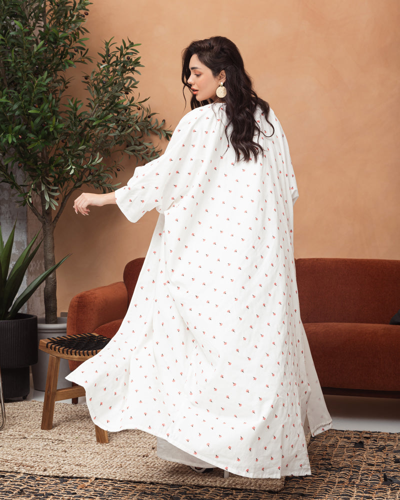 Classic white linen abaya with floral print