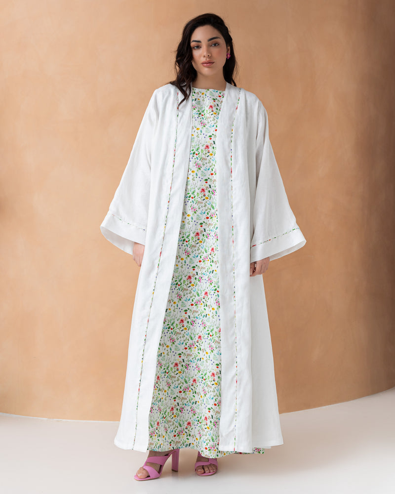 Classic white linen abaya with colorful piping