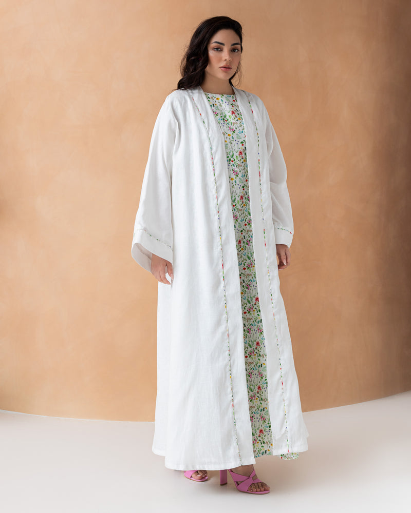 Classic white linen abaya with colorful piping