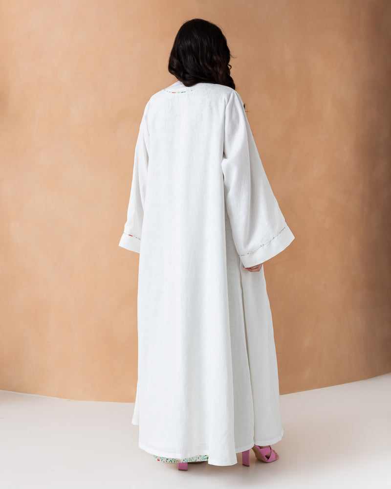 Classic white linen abaya with colorful piping