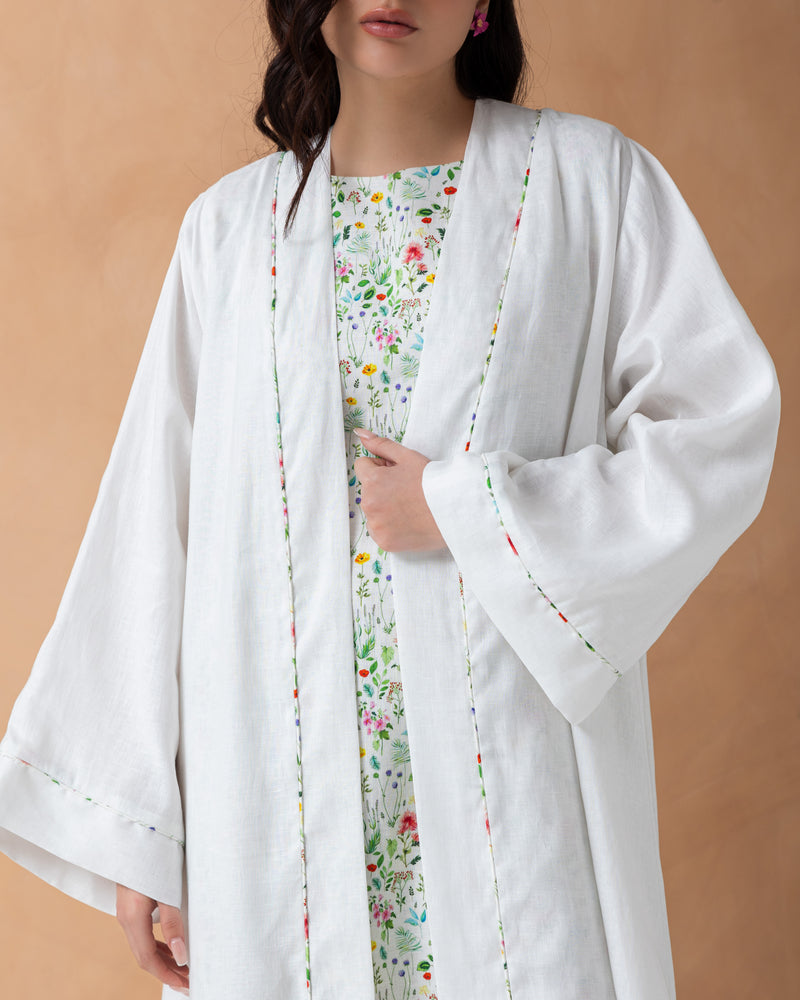 Classic white linen abaya with colorful piping