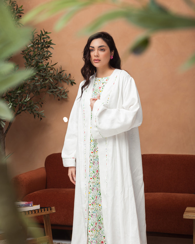 Classic white linen abaya with colorful piping