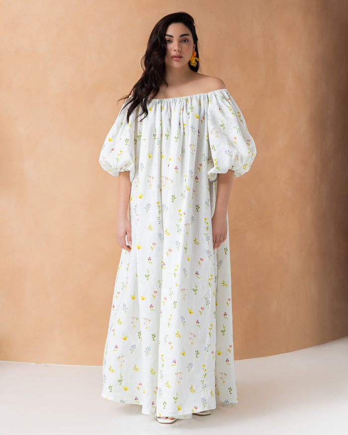 Off shoulder floral linen dress