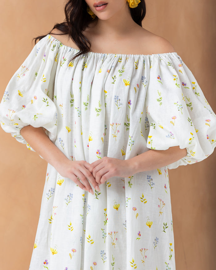 Off shoulder floral linen dress