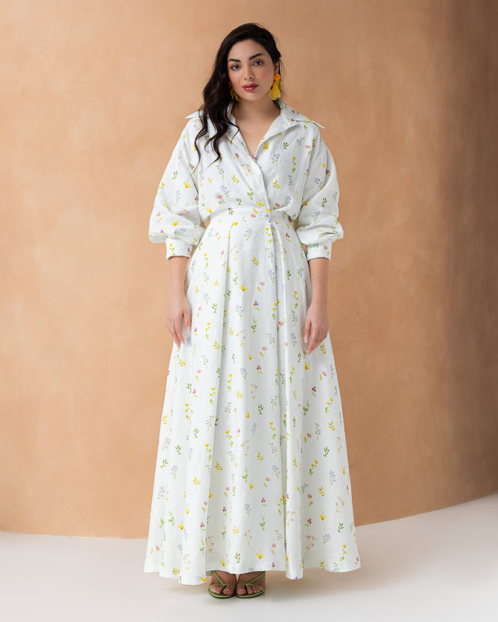 Overlapped linen floral printed dress