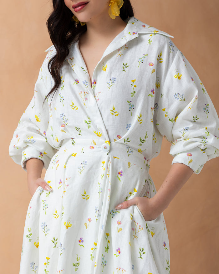 Overlapped linen floral printed dress