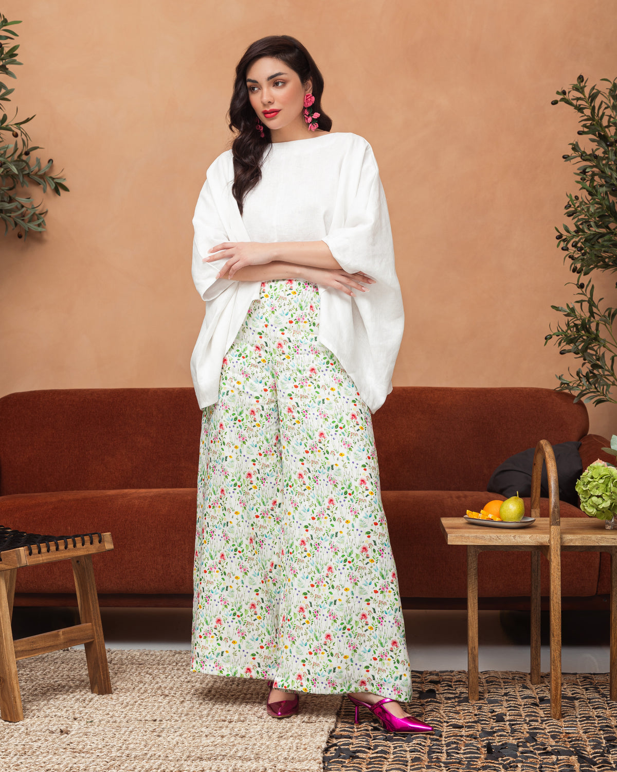 Wide legged printed floral linen pants