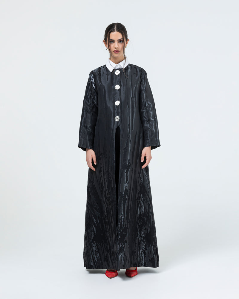 Glazed black overlapped closure w/ silver button classic abaya