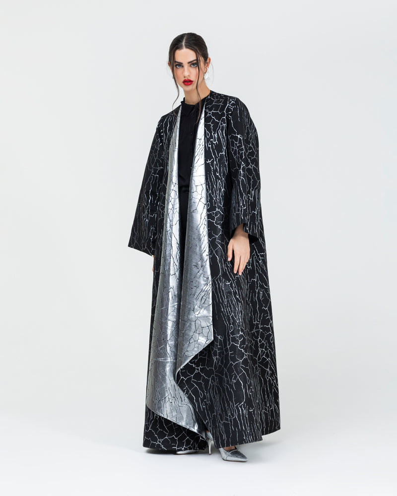 Soft jacquard with metallic silver branches with large, folded lapel classic abaya