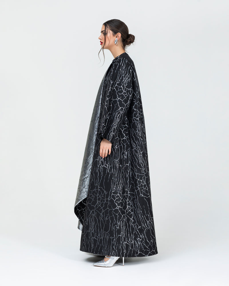 Soft jacquard with metallic silver branches with large, folded lapel classic abaya