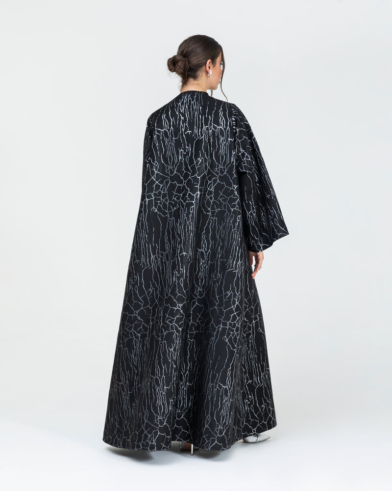 Soft jacquard with metallic silver branches with large, folded lapel classic abaya