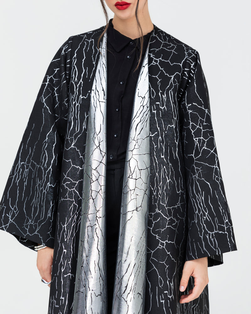 Soft jacquard with metallic silver branches with large, folded lapel classic abaya