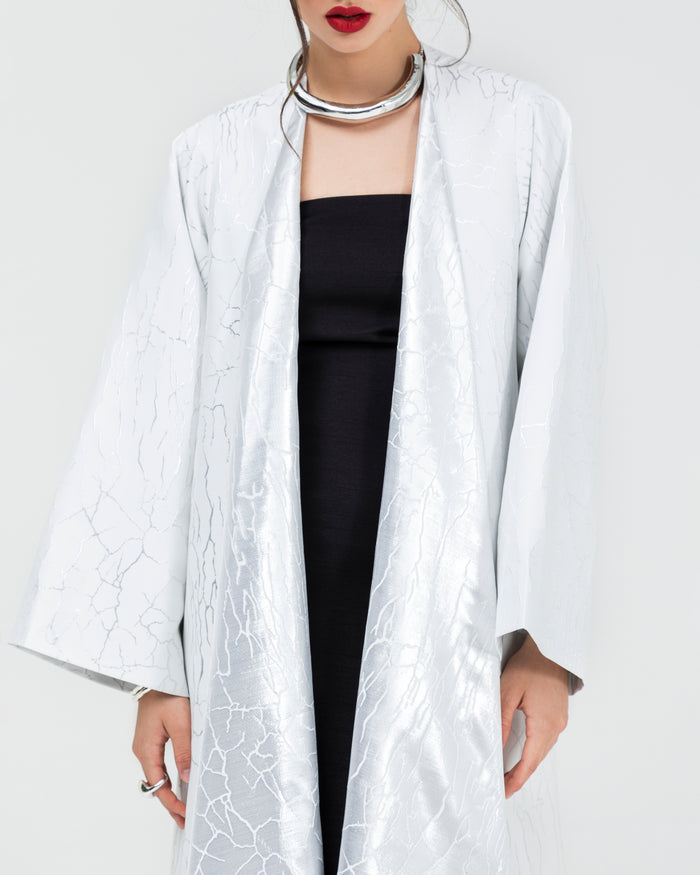 Soft jacquard with metallic silver branches with large, folded lapel classic abaya