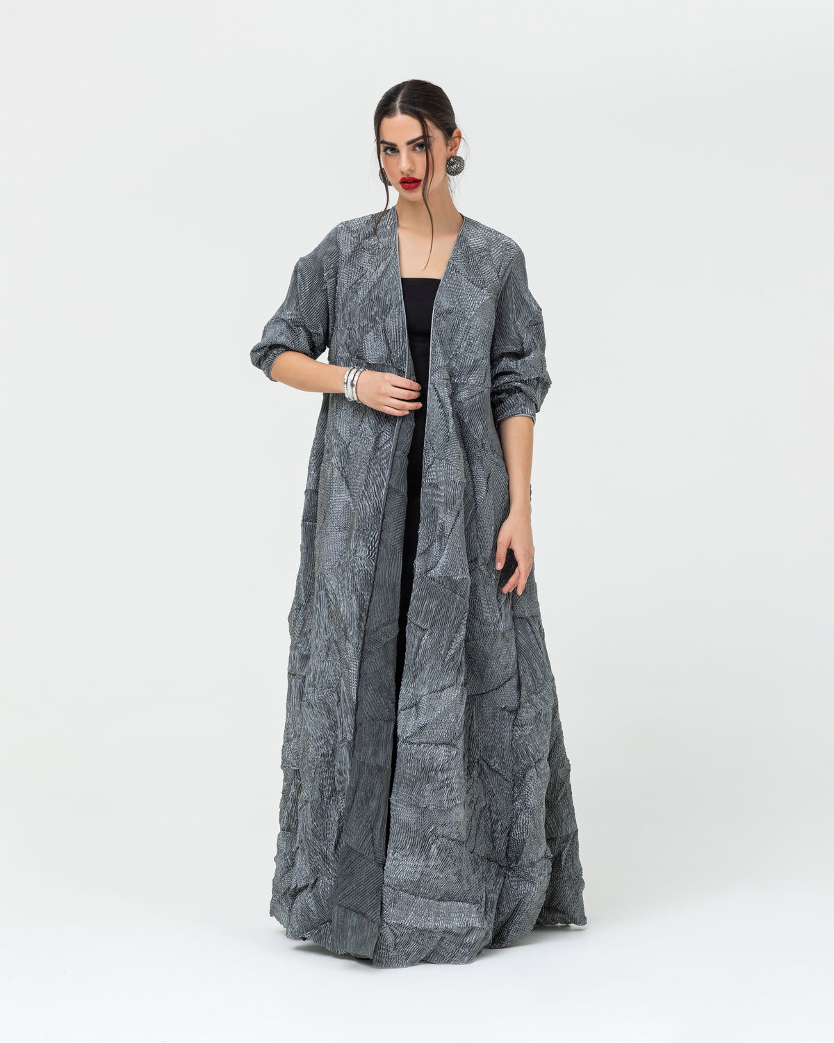 Metallic crushed pleated abaya with fitted sleeves and flowy wide A-line cut abaya