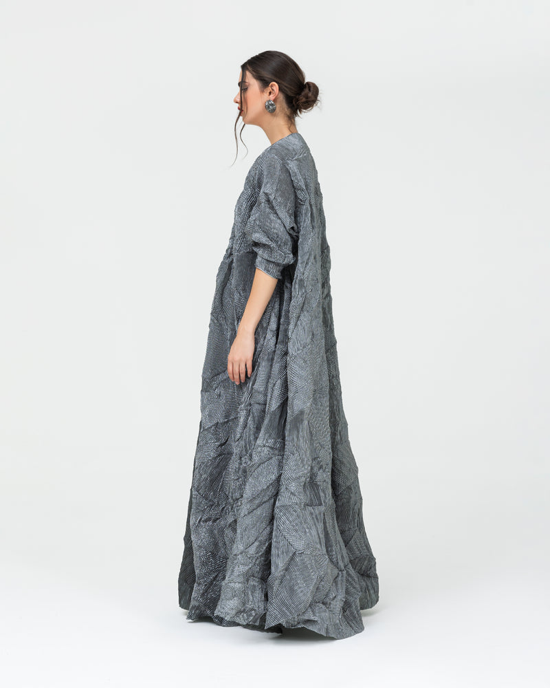 Metallic crushed pleated abaya with fitted sleeves and flowy wide A-line cut abaya