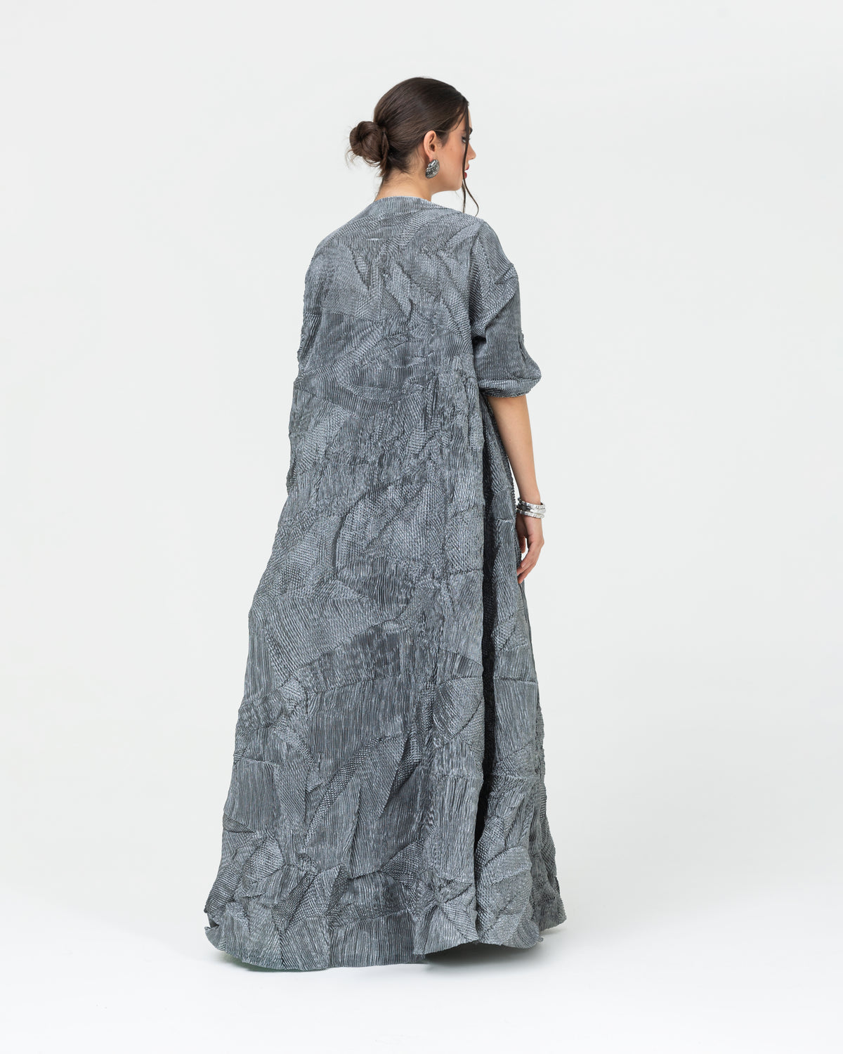 Metallic crushed pleated abaya with fitted sleeves and flowy wide A-line cut abaya