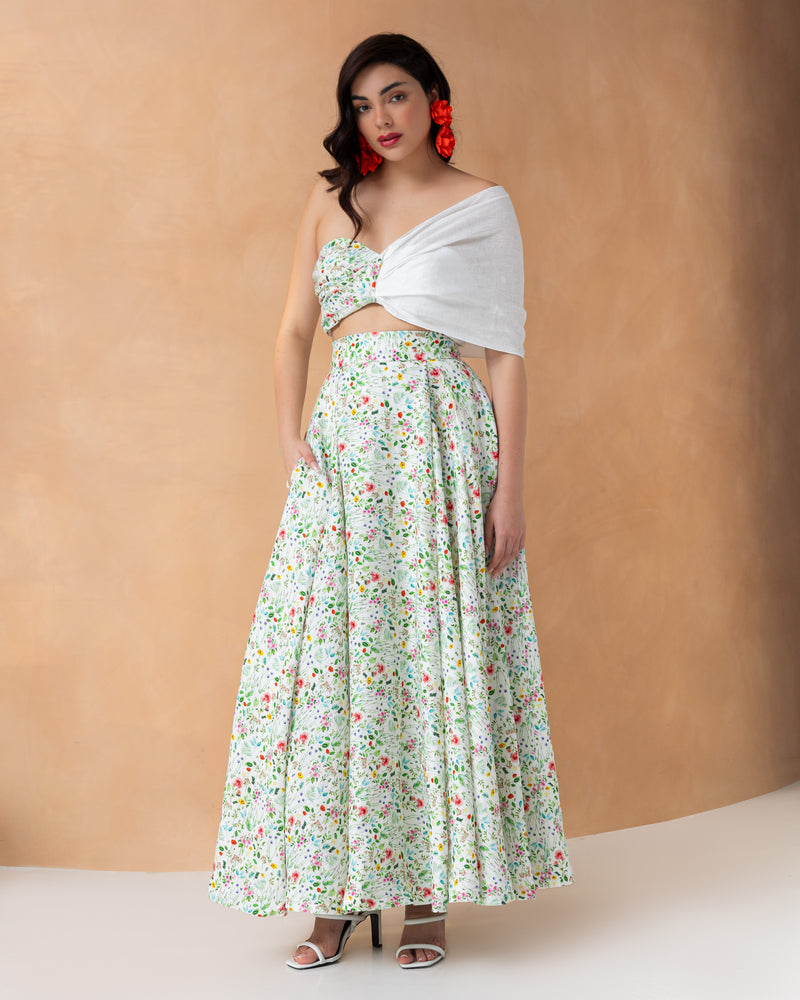 Floral linen high waist box pleated skirt