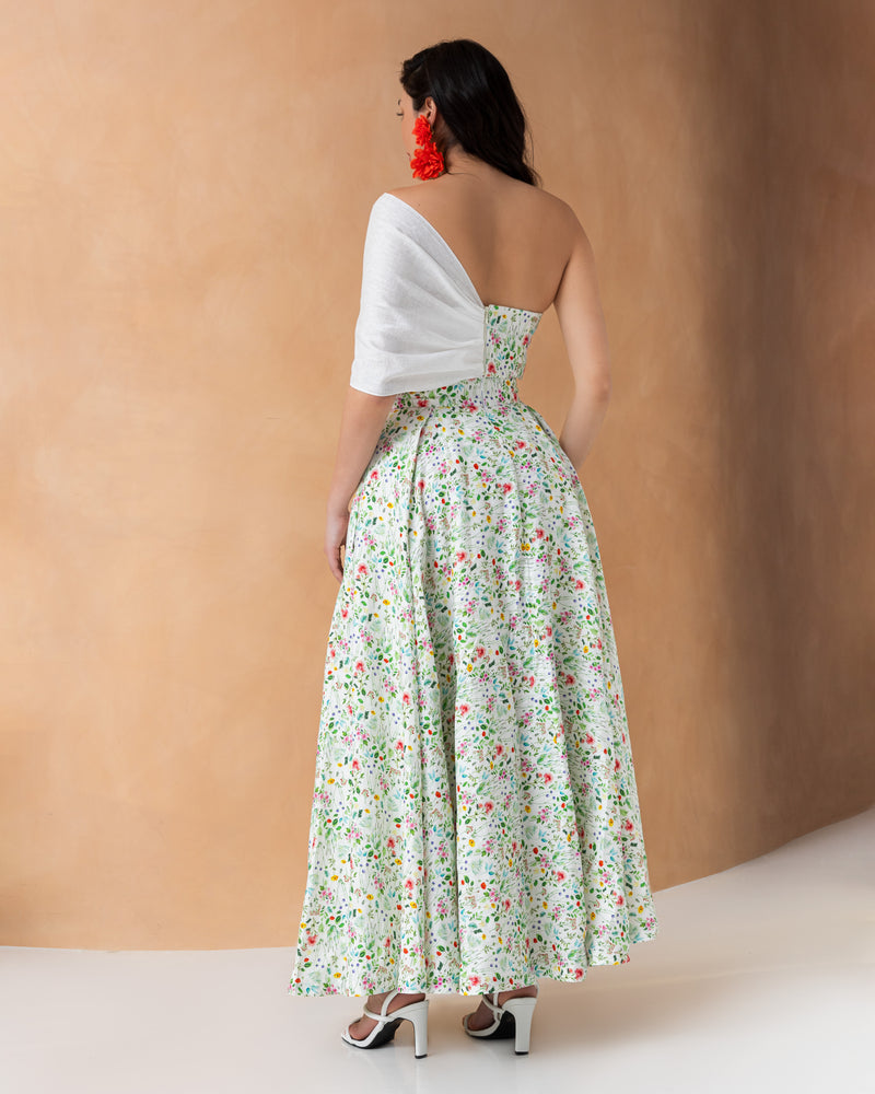 Floral linen high waist box pleated skirt