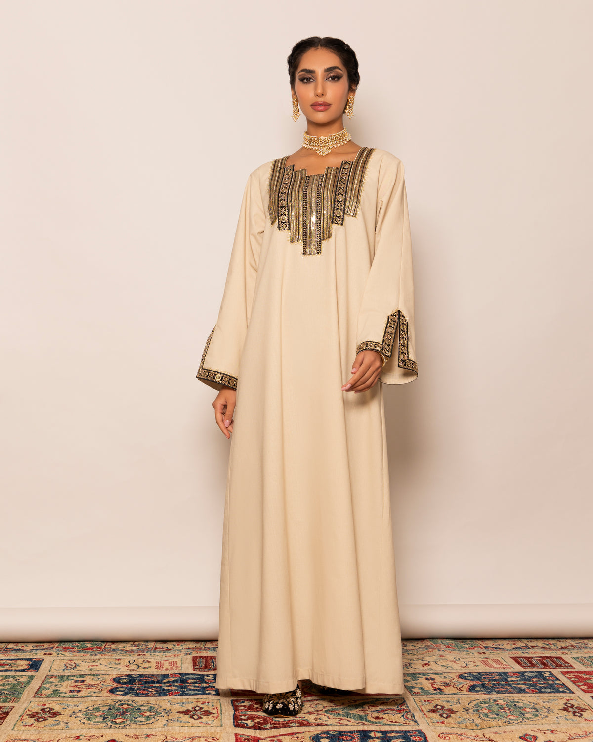 Linen kaftan with unsymmetrical embellished trimmed neckline