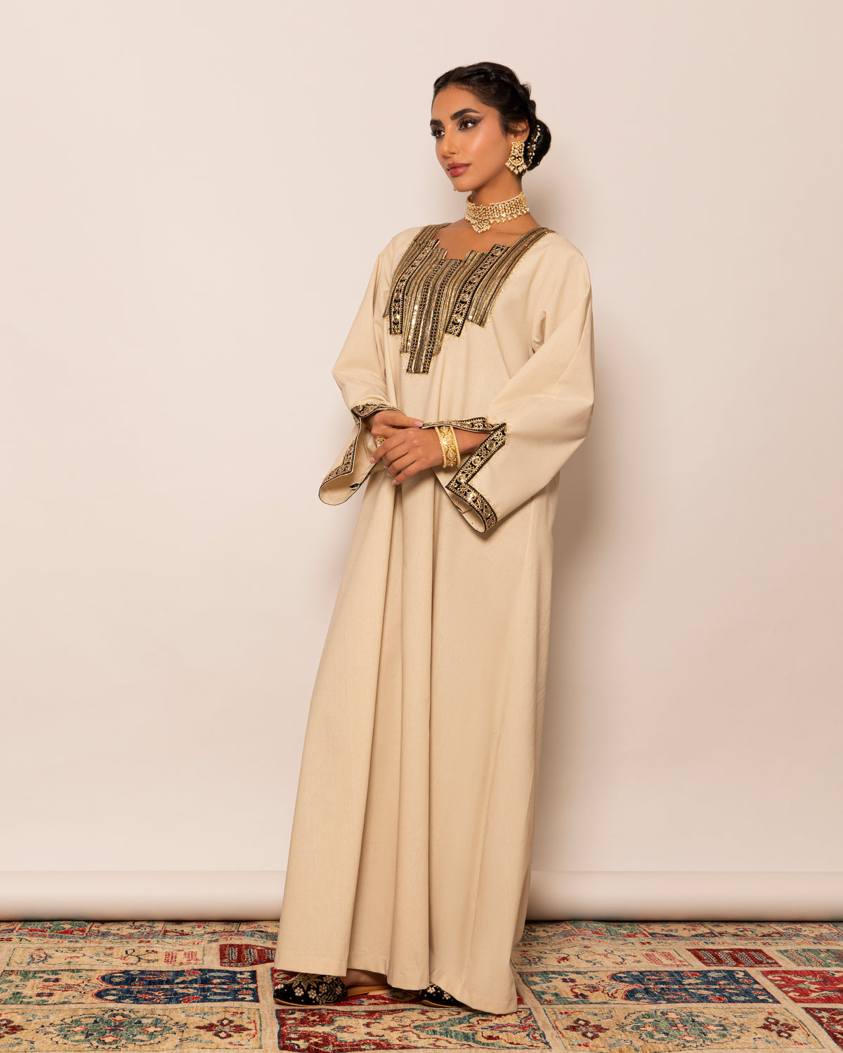 Linen kaftan with unsymmetrical embellished trimmed neckline