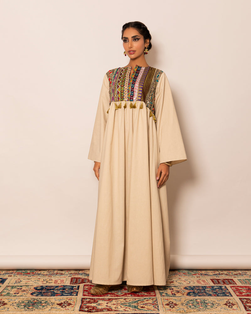 Embellished top kaftan in linen with empire cut and gatherings