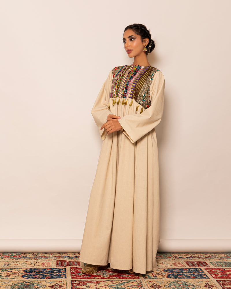 Embellished top kaftan in linen with empire cut and gatherings