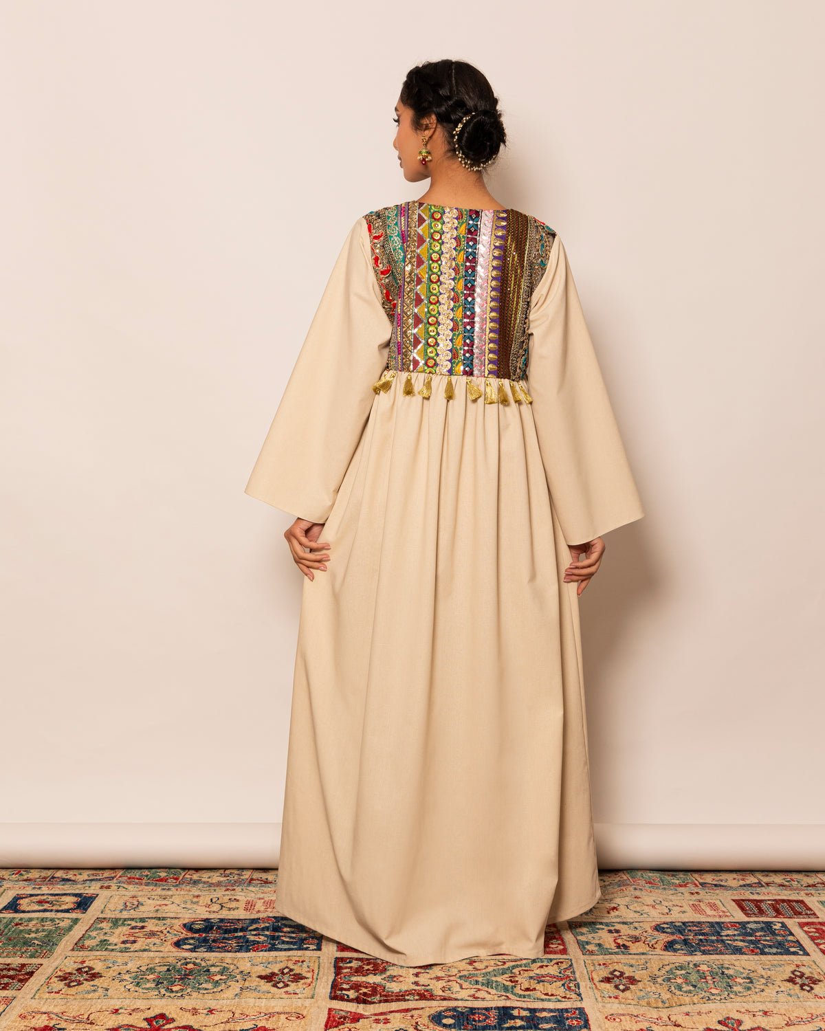 Embellished top kaftan in linen with empire cut and gatherings